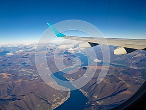 Italy - Aerial panoramic view of the Lake Lago di Como and Lago Maggiore seen from a commercial flight