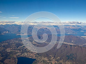 Italy - Aerial panoramic view of the Lake Lago di Como and Lago Maggiore seen from a commercial flight
