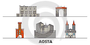 Italy, Aosta flat landmarks vector illustration. Italy, Aosta line city with famous travel sights, skyline, design.