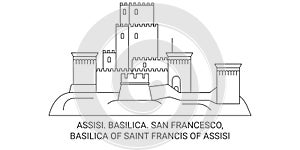 Italy, Assisi. Basilica. San Francesco, Basilica Of Saint Francis Of Assisi travel landmark vector illustration