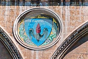 Italy. Bari. Palazzo Fizzarotti. Polychrome mosaic medallion representing the Phoenix with the latin motto Inter Flammas Vivit