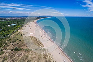 Italy, the beach of the Adriatic sea. Rest on the sea near Venice. Aerial FPV drone photography. photo