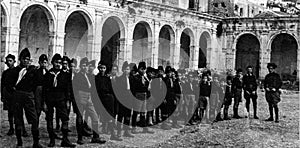 1927, Italy, Capri - Young fascists in black shirts gather in the Charterhouse