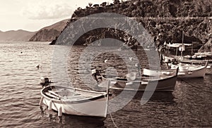 Italy. Cinque Terre. Boats. In Sepia toned. Retro style