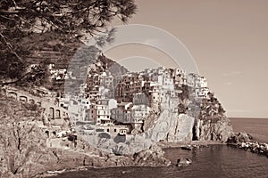 Italy. Cinque Terre. Manarola village. In Sepia toned. Retro sty