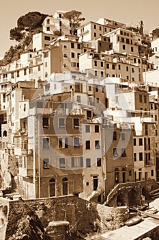 Italy. Cinque Terre. Riomaggiore village. In Sepia toned. Retro