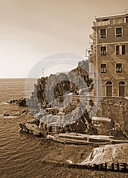 Italy. Cinque Terre. Riomaggiore village. In Sepia toned. Retro