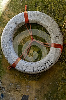 Italy, Cinque Terre, Vernazza, a welcome aboard sign