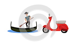 Italy Country Symbols with Gondolier with Paddle on Boat and Scooter Vector Set