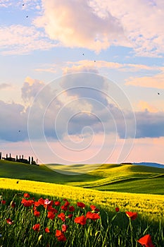 Italy countryside landscape; sunset over the tuscany hills