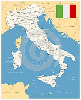 Italy - detailed map with administrative divisions and country flag. Vector illustration