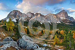 Italy, Dolomites, Alps - wonderful scenery, above the clouds at beautiful day in winter with first snow, Italy.