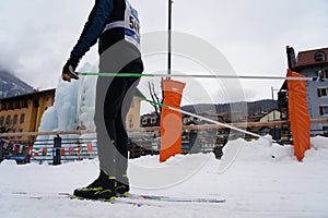 Italy, Dolomites, Val di Fassa: January 26, 2020 - Marcialonga - Stock Photo. Moena, Marcialonga of Nordic skiing. international