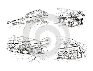 Italy, Europe. Sketch vector set hand drawn village houses on the mountain. Vintage rural landscapes. Black line isolated on white