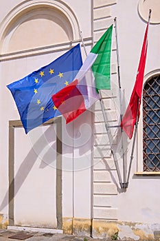 Italy and European Union flags waving, Pisa, Tuscany, Italy, Europe