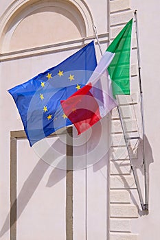 Italy and European Union flags waving, Pisa, Tuscany, Italy, Europe