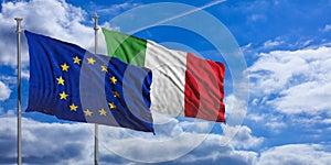 Italy and European Union flags waving, same direction, on blue sky background. 3d illustration