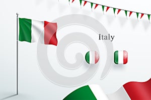 Italy Flag 3d Elements Waving Flagpole Bunting Buttons