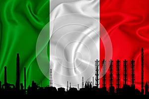 Italy flag, background with space for your logo - industrial 3D illustration.Silhouette of a chemical plant, oil refining, gas,