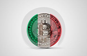 Italy flag on a bitcoin cryptocurrency coin. 3D Rendering