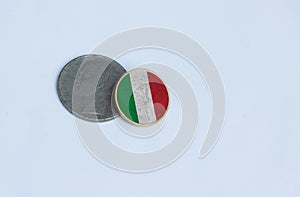Italy flag on the coin of Lire money on white background. REPVBBLICA ITALIANA, Lire Italia money the concept of finance