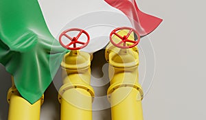 Italy flag covering an oil and gas fuel pipe line. Oil industry concept. 3D Rendering