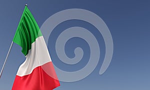 Italy flag on flagpole on blue background. Place for text. The flag is unfurling in wind. Italian. Europe, Rome. 3D illustration