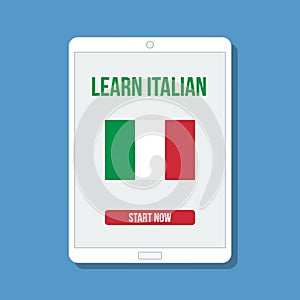 Italy flag with learn italian title and button start now on digital tablet display