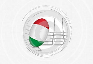 Italy flag on rugby ball, lined circle rugby icon with ball in a crowded stadium