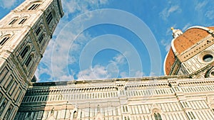 Italy Florence cathedral bell tower pan down and dove flying