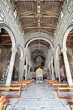 Italy, Florence - May 11 2019, Main aisle of San Miniato al Monte church in Florence