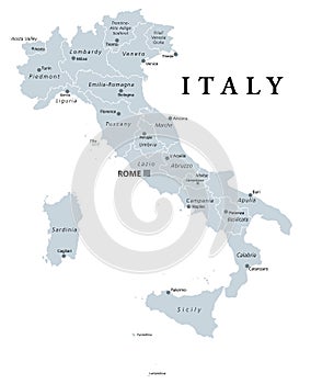 Italy, gray political map with regions and administrative divisions photo