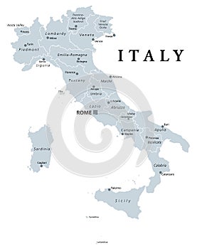 Italy, gray political map with regions and administrative divisions