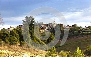 Italy. Green fields about the road and lodges in the distance