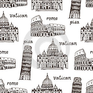 Italy hand drawn background, seamless vector pattern with famous places of Italy. Rome, Vatican, Piza