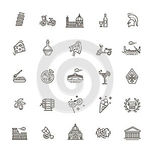 Italy icons set. Tourism and attractions, thin line design. Symbols of the country