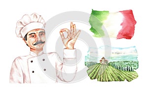 Italy illustration set. Watercolor illustration. Chef shows ok hand gesture, italy flag, landscape with grape fields