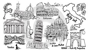 Italy Landmark Vector Sketch Set. Coliseum, bridges Venice, tower Pisa, Vatican, Rimini, Arch Augustus, Santa Maria del