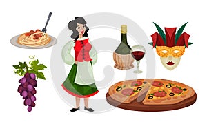 Italy Landmarks and Distinguishing Objects Like Pasta and Pizza Vector Set photo