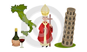 Italy Landmarks and Distinguishing Objects Like Tower of Pisa and Bishop Vector Set photo