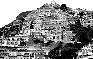 Italy Landscape - Positano Village in Black and White panoramic view