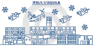 Italy, LAquila winter city skyline. Merry Christmas, Happy