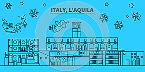 Italy, LAquila winter holidays skyline. Merry Christmas, Happy New Year decorated banner with Santa Claus.Italy, LAquila