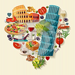 Italy love - heart shape with vector icons. Travel Concept