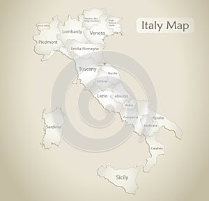 Italy map, administrative division with names, old paper background