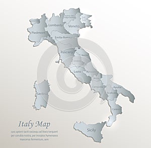 Italy map, administrative division with names, white blue card paper 3D