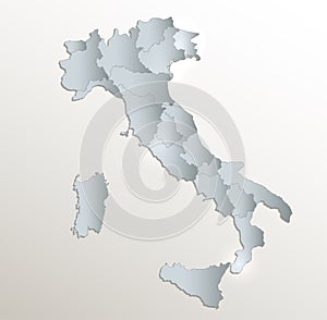 Italy map, administrative division, white blue card paper 3D blank