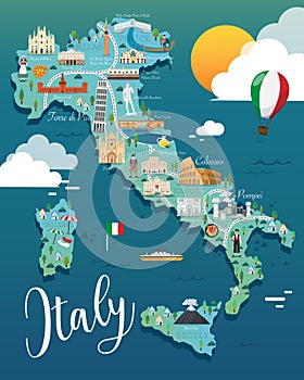 Italy map with attractive landmarks illustration.