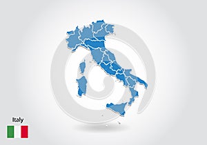 Italy map design with 3D style. Blue italy map and National flag. Simple vector map with contour, shape, outline, on white