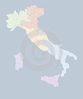 Italy map, division by zones, regions, provinces and municipalities